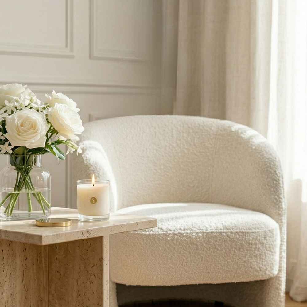 A lit SOBOUGIE luxury scented candle sits on a beige travertine stone side table next to a glass vase of white roses, with a cream bouclé armchair and linen curtains in a brightly lit neutral living room.