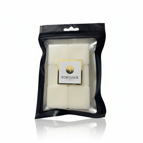 SOBOUGIE Épice Saffron limited edition luxury wax melts in a black matte Mylar pouch showing six individual wax blocks, engineered for a clean melt and balanced hot throw of exotic saffron, spiced amber, and rich tonka bean.
