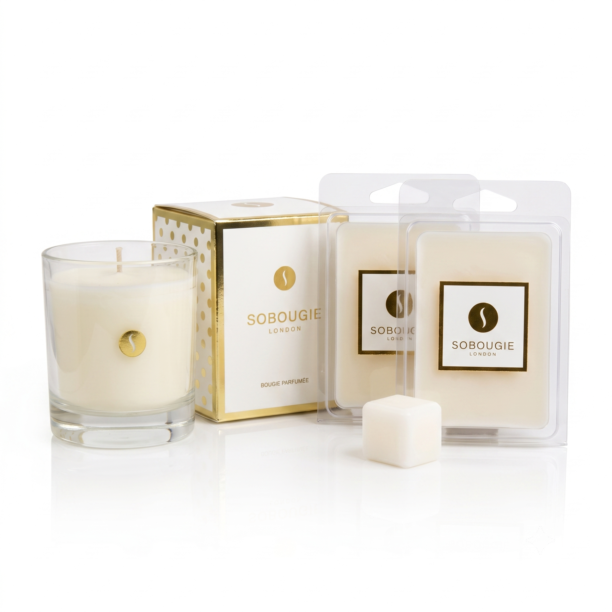 Sobougie London Home Fragrance Starter Trio showing 1 boxed glass soy candle, 2 plastic clam pack wax melts, and a wax cube on a white reflective surface.