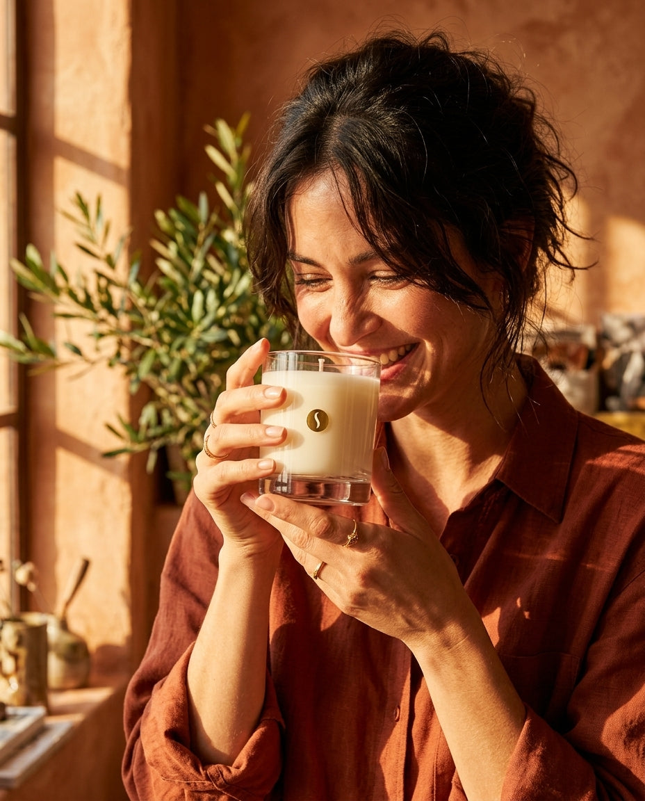 A smiling woman holding a SOBOUGIE luxury scented candle up to her nose to smell the fragrance, bathed in warm golden hour sunlight near a window with a small potted olive tree in the background